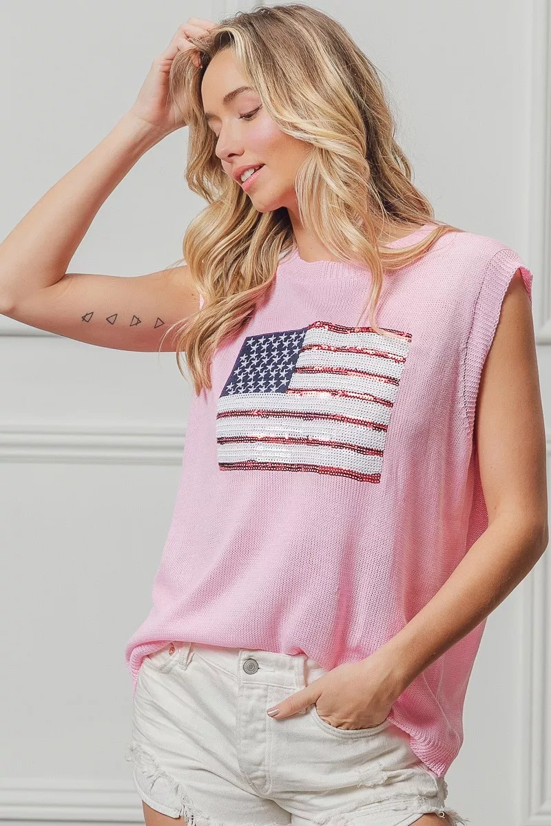 American Flag Sequins Patch Knit Top, image 8