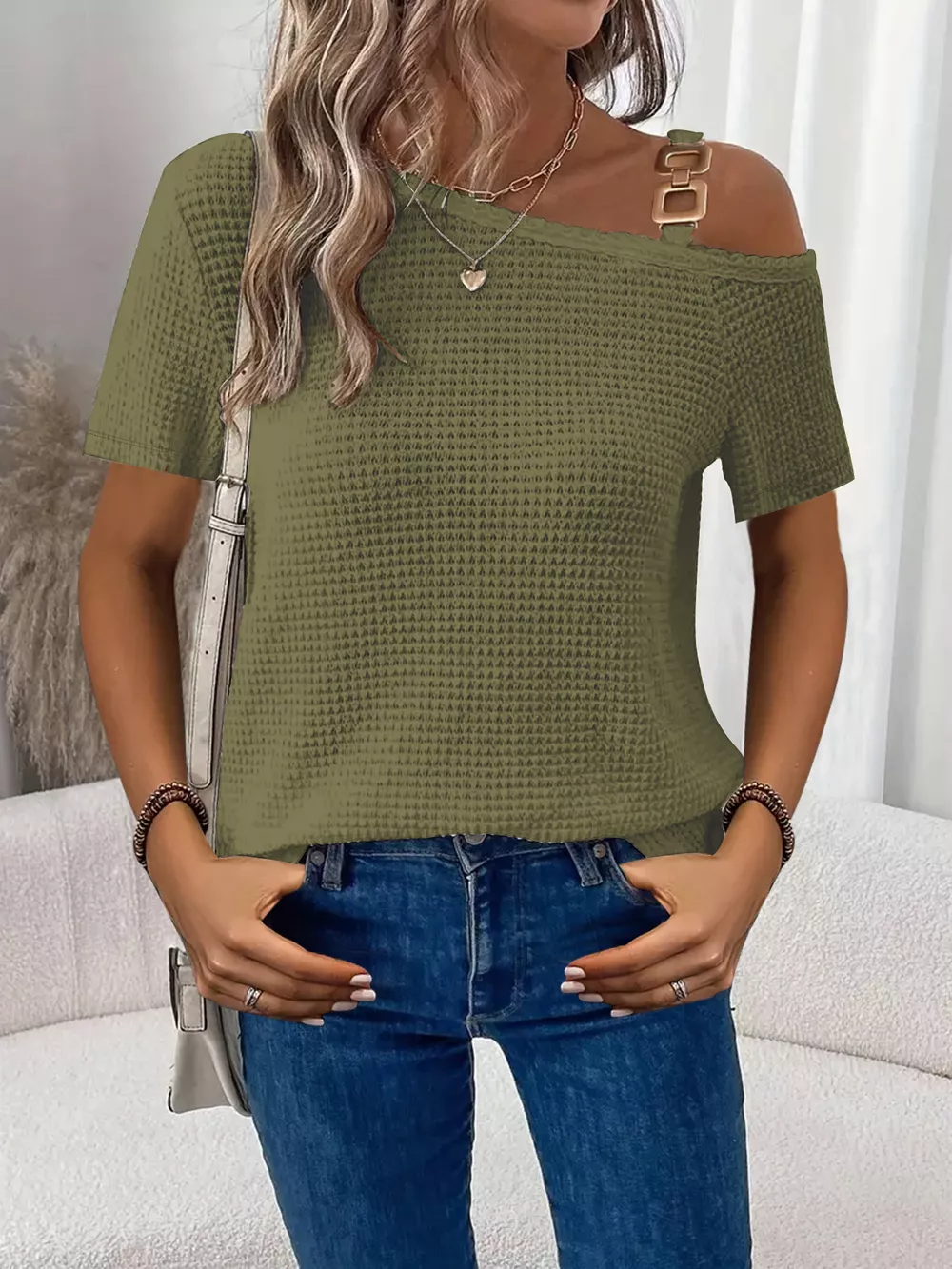 One-Shoulder Chain Detail Waffle Knit T-Shirt, image 11