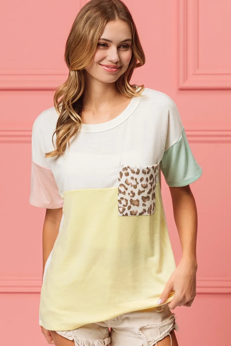 BiBi Leopard Front Pocket Ft Color Block Crew Neck Top, image 4