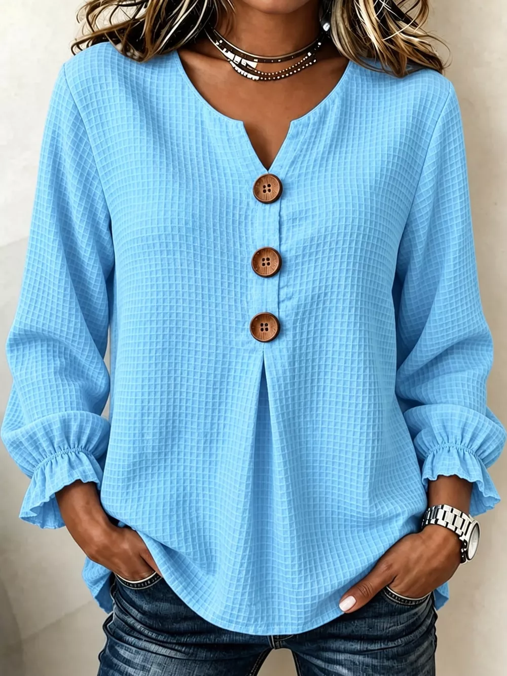 Full Size Waffle Knit Flounce Sleeve Blouse Plus Size, image 11