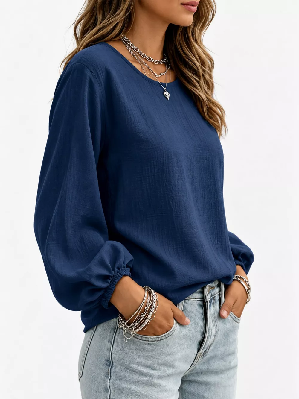 Full Size Elasticated Cuffs Long Sleeve Blouse Plus Size, image 16