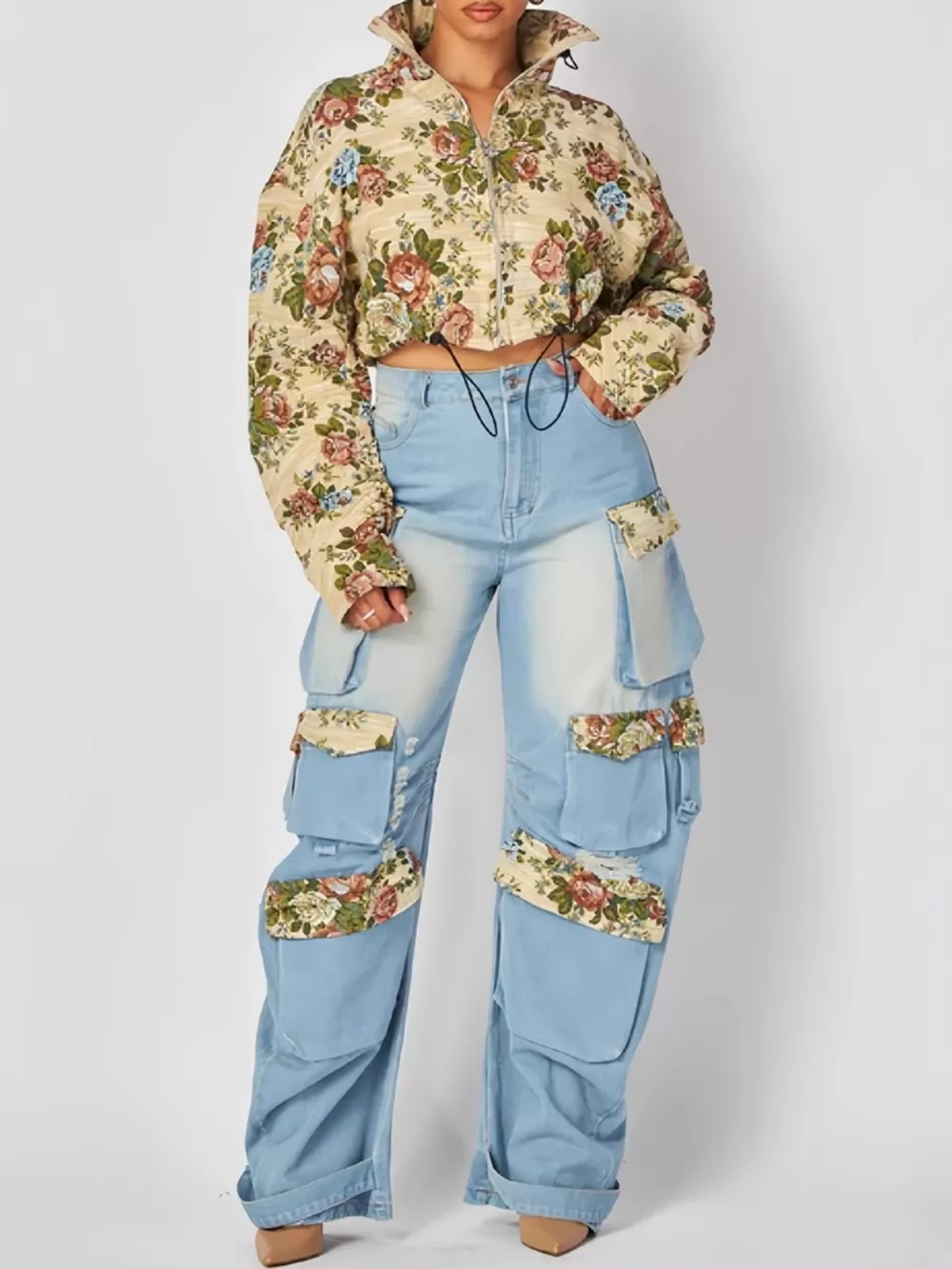 Floral Print Cropped Jacket and Cargo Jeans Denim Set