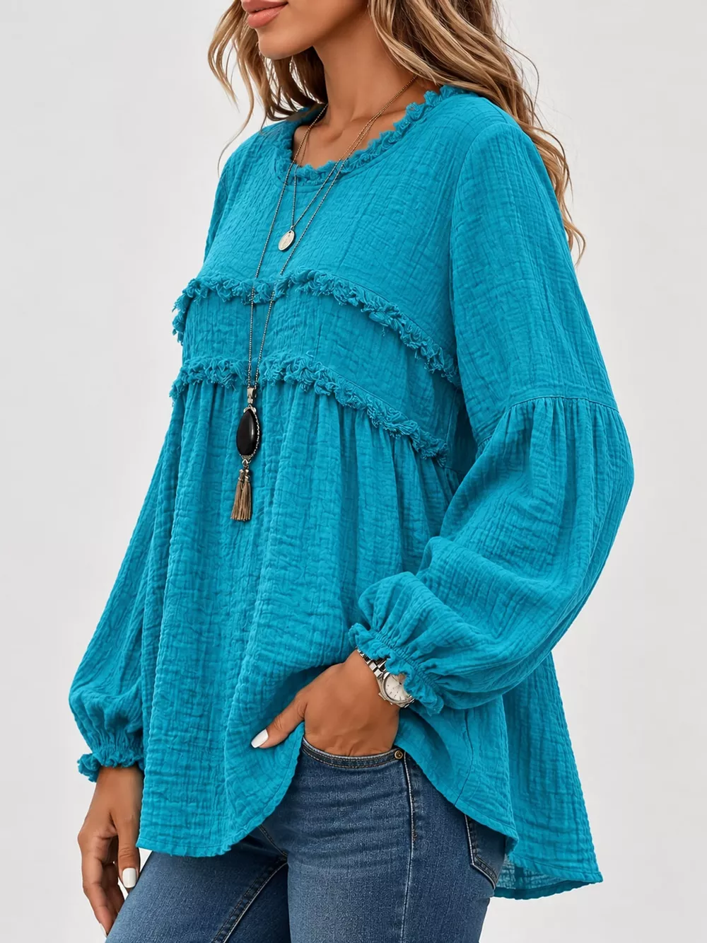 Full Size Boho Chic Textured Frayed Trim Peplum Blouse Plus Size, image 35