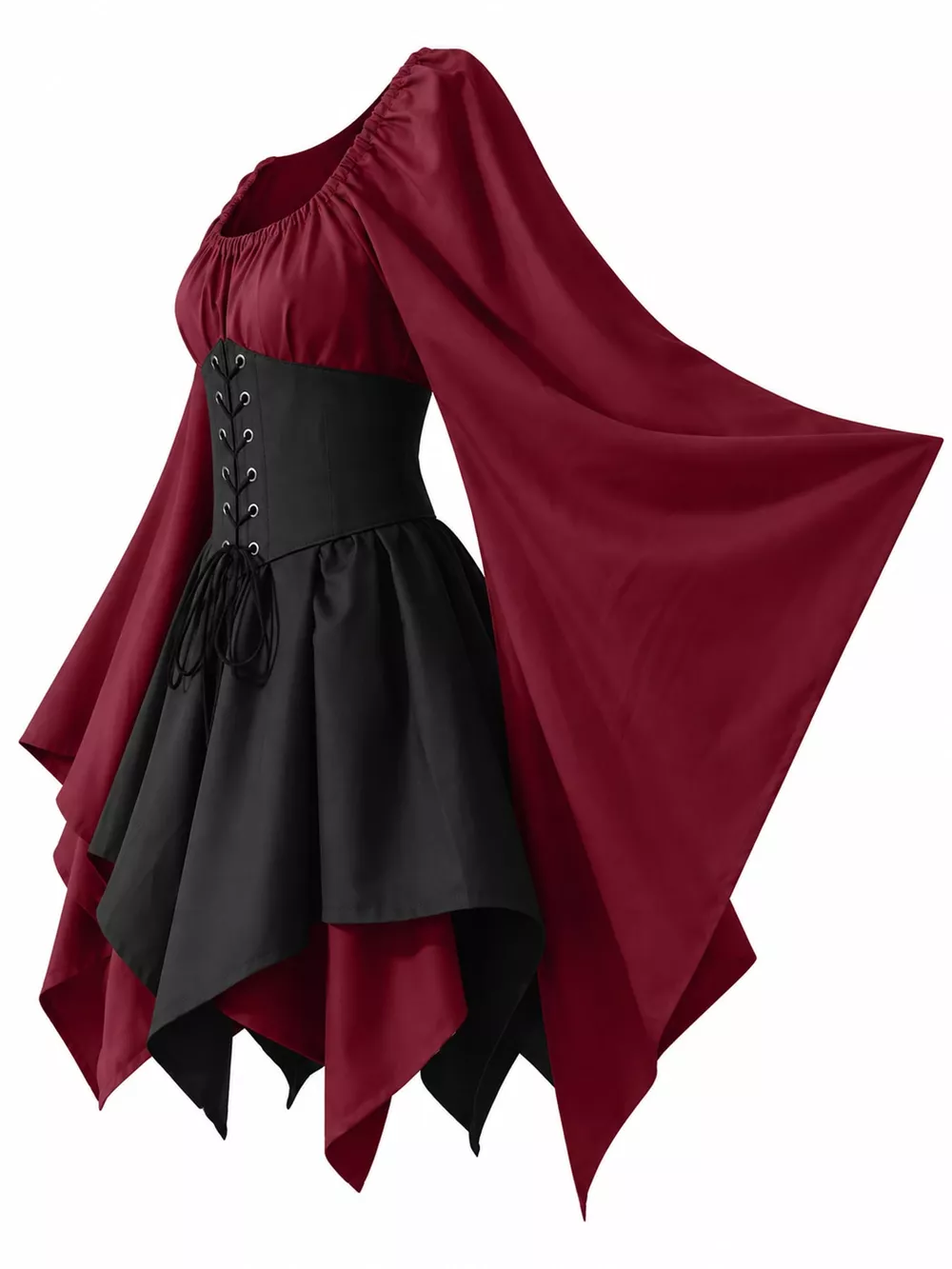 Full Size Lace-Up Flare Sleeve Irregular Hem Dress Plus Size, image 26