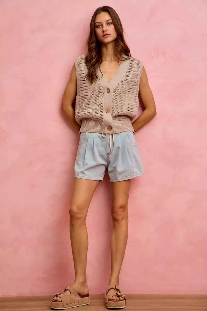 Mid Rise Denim Shorts With Cotton Tape Drawstring, image 5
