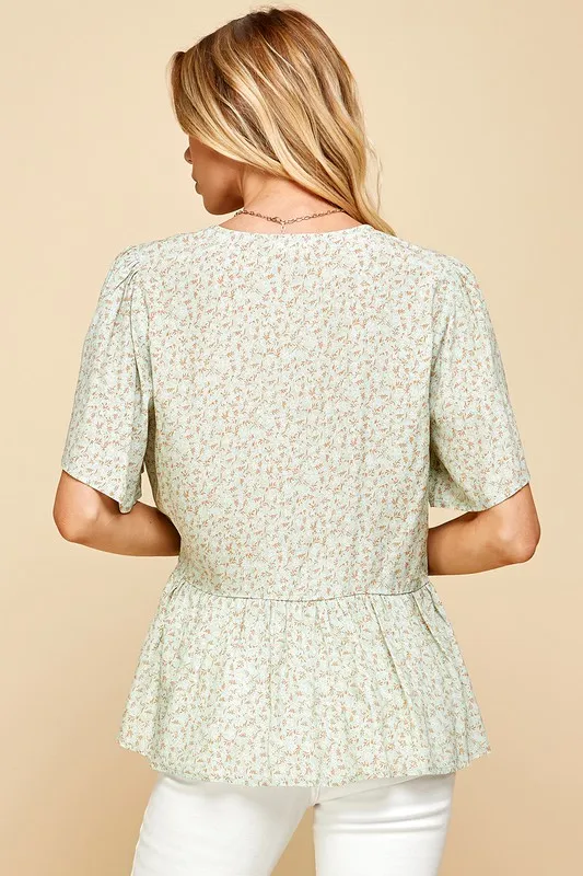 Ditsy Print V-Neck Short Sleeve Wrap Blouse, image 3
