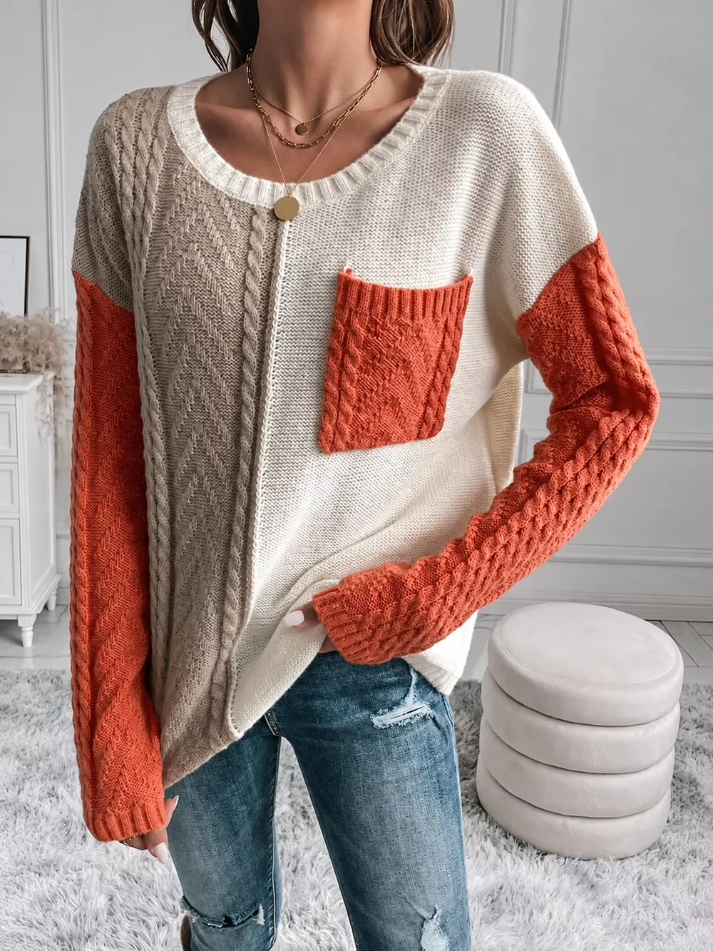 Color Block Cable Knit Sweater, image 3