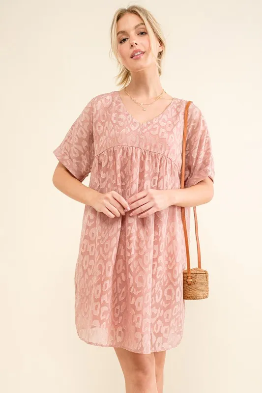 Woven Leopard Baby Doll Roll-Sleeve Casual Dress, image 8