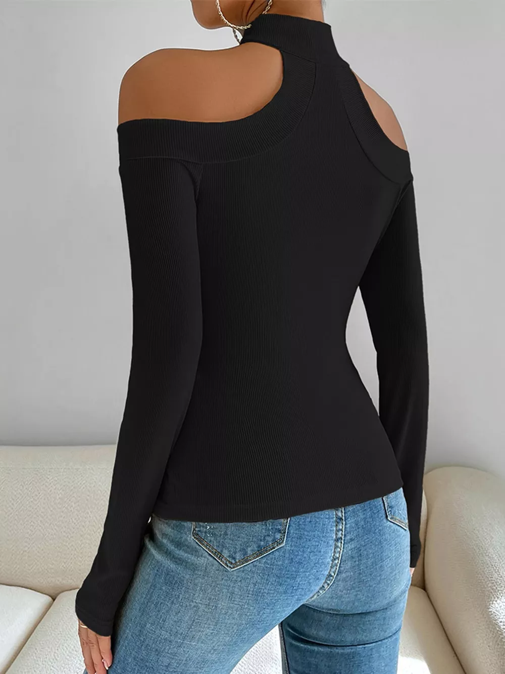 Off-Shoulder Ribbed Knit Long Sleeve T-Shirt with Choker Neck, image 3