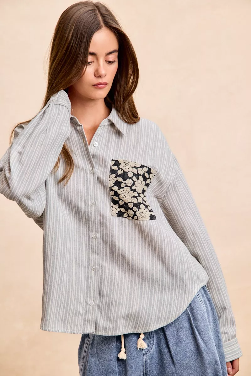 Flower Jacquard Knit Patch Pocket Stripe Shirt, image 12