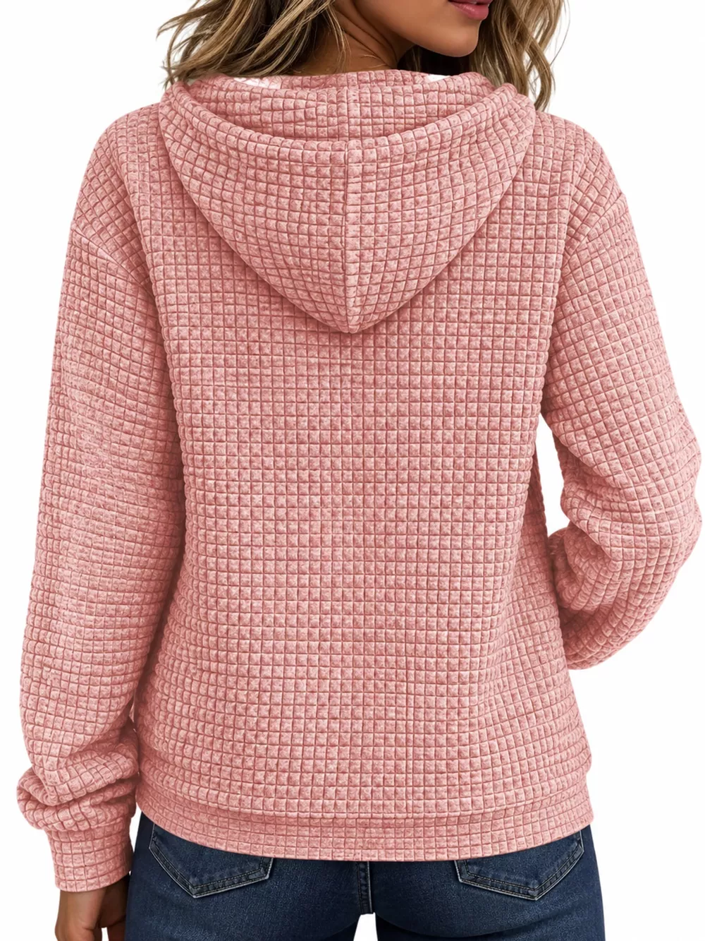 Waffle Knit Zip-Up Hoodie with Drawstring and Pockets, image 24