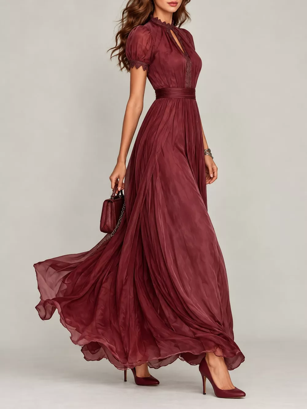 Full Size Elegant Sheer Chiffon Mock-Neck Maxi Dress with Keyhole Detail Plus Size, image 14