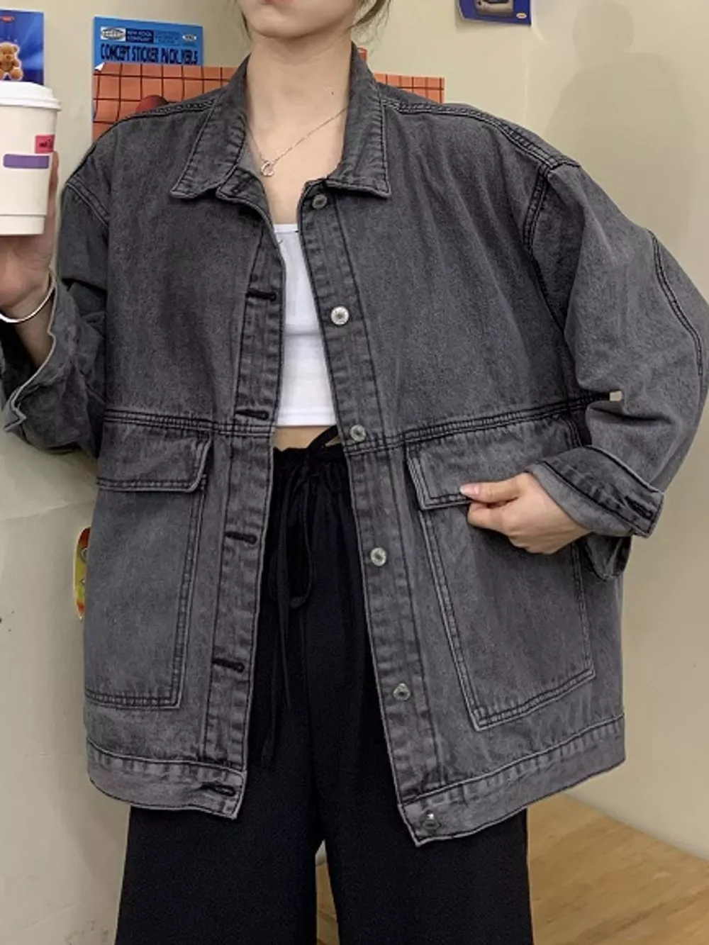 Oversized Wash Denim Jacket with Utility Pockets, image 15