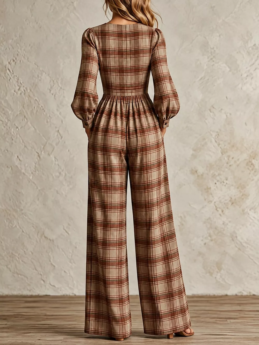 Plaid Square Neck Long Sleeve Wide-Leg Jumpsuit, image 27