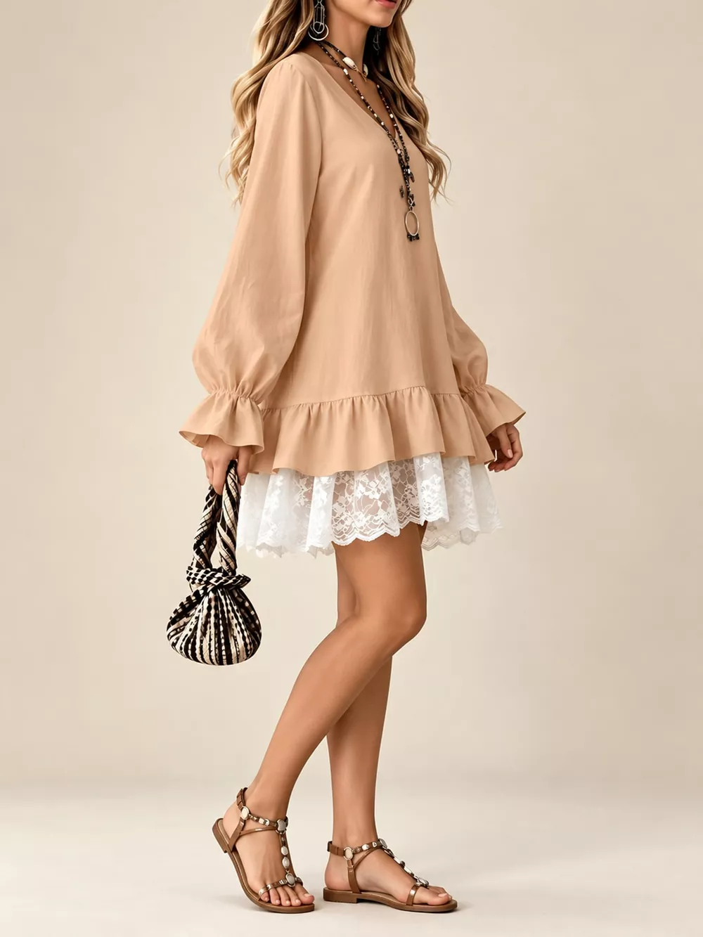 Lace Hem V-Neck Flounce Sleeve Dress, image 17