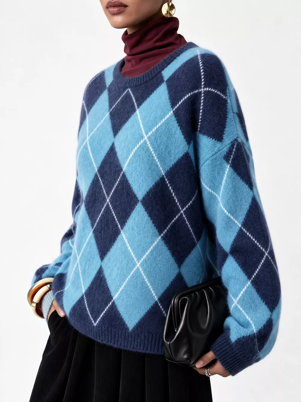 Argyle Pattern Fuzzy Knit Sweater, image 27