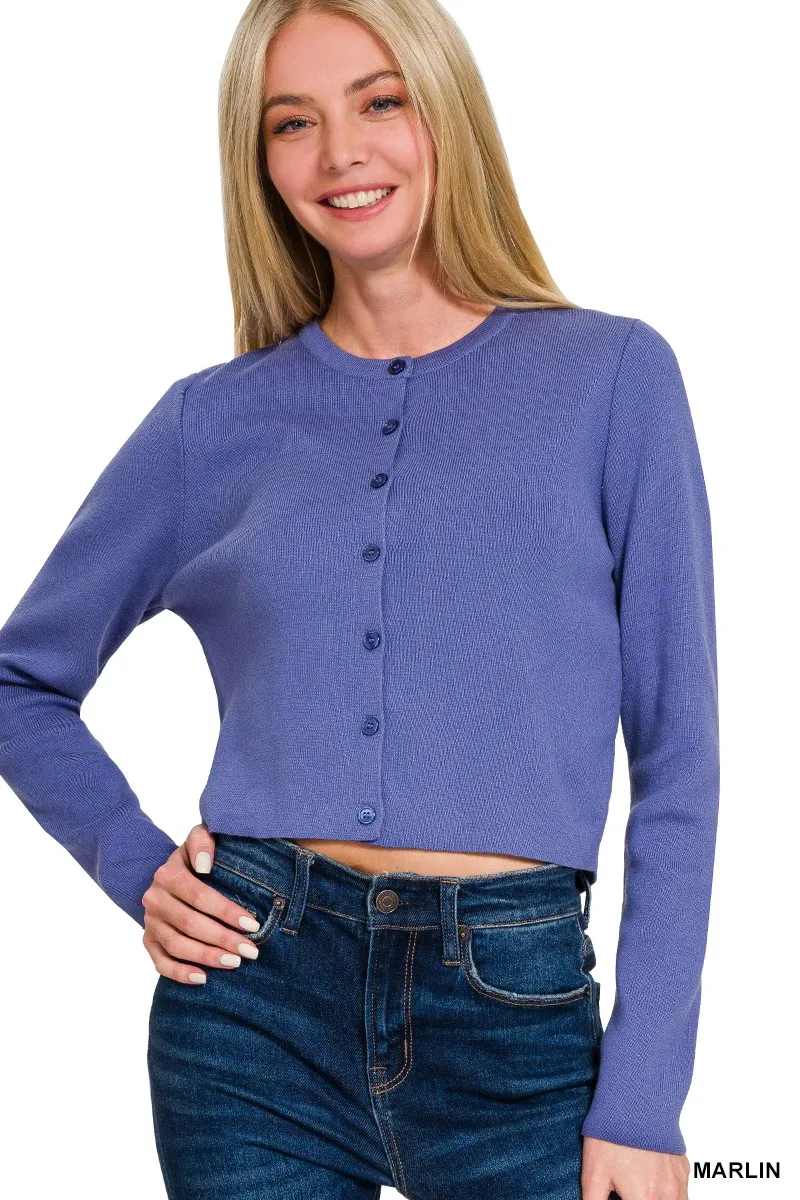 Button-Front Crewneck Long Sleeve Cropped Cardigan, image 2