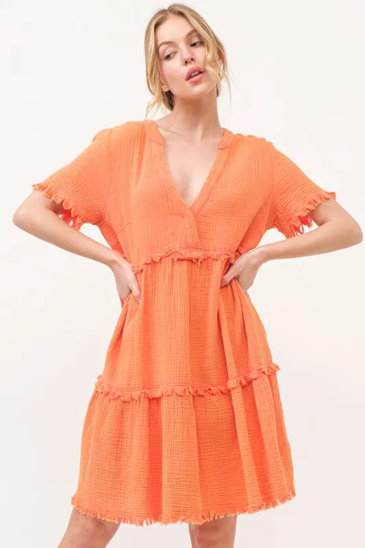 Washed Frayed Detail Tiered Dress