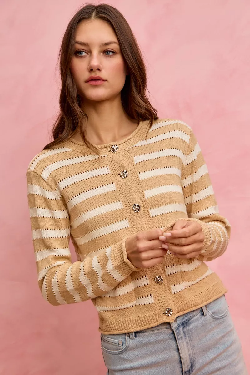 Stripe Long Sleeves Button Sweater Cardigan, image 23