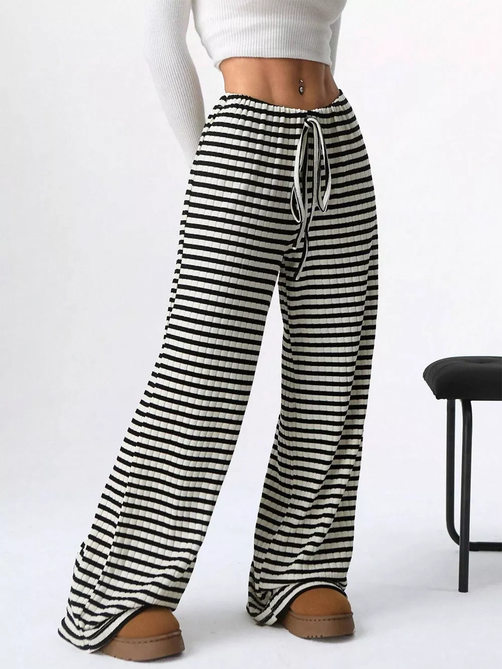 Striped Ribbed Knit Drawstring Waist Wide Leg Pants, image 10