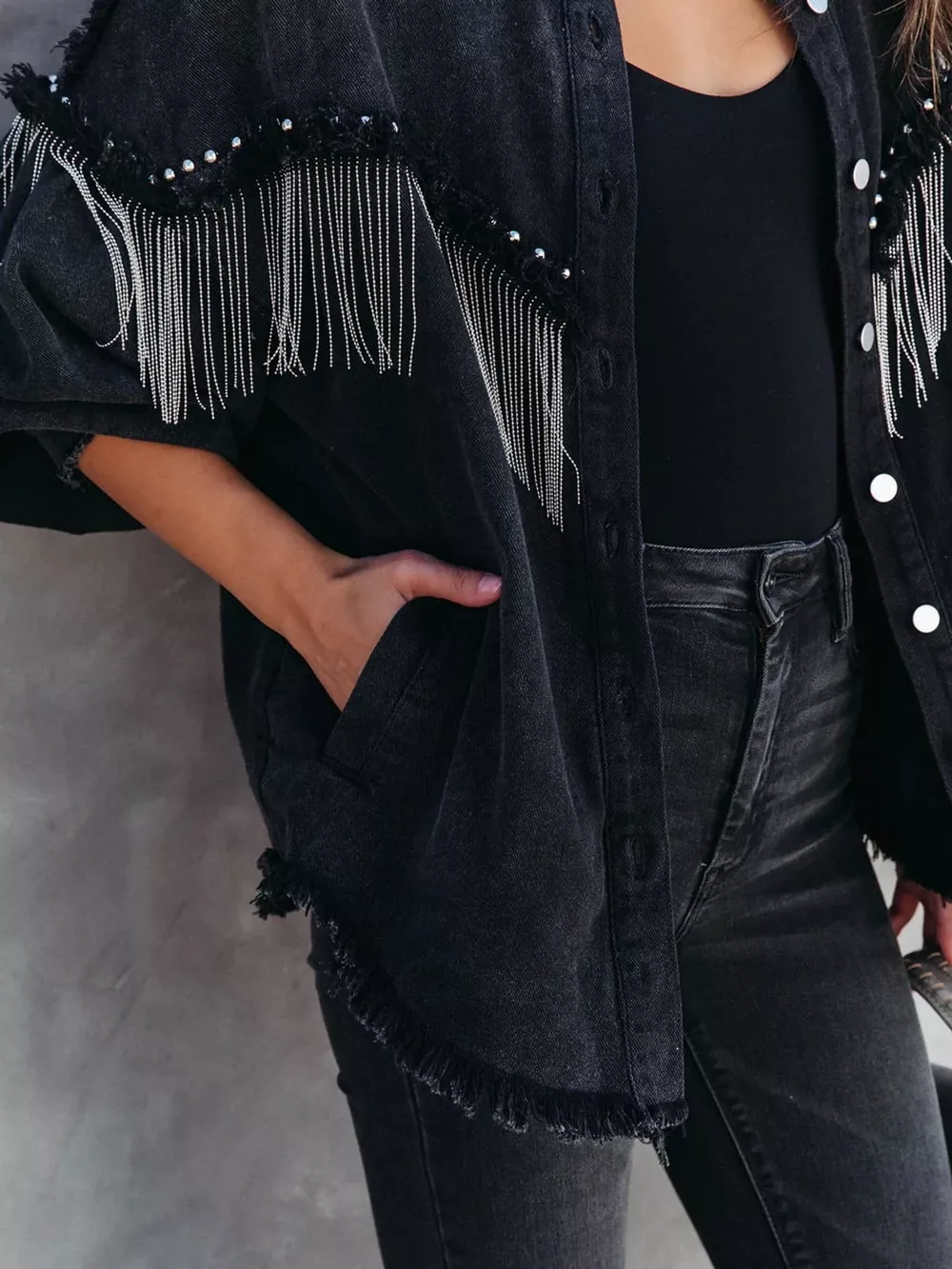 Full Size Fringe Embellished Washed Denim Jacket Plus Size, image 5