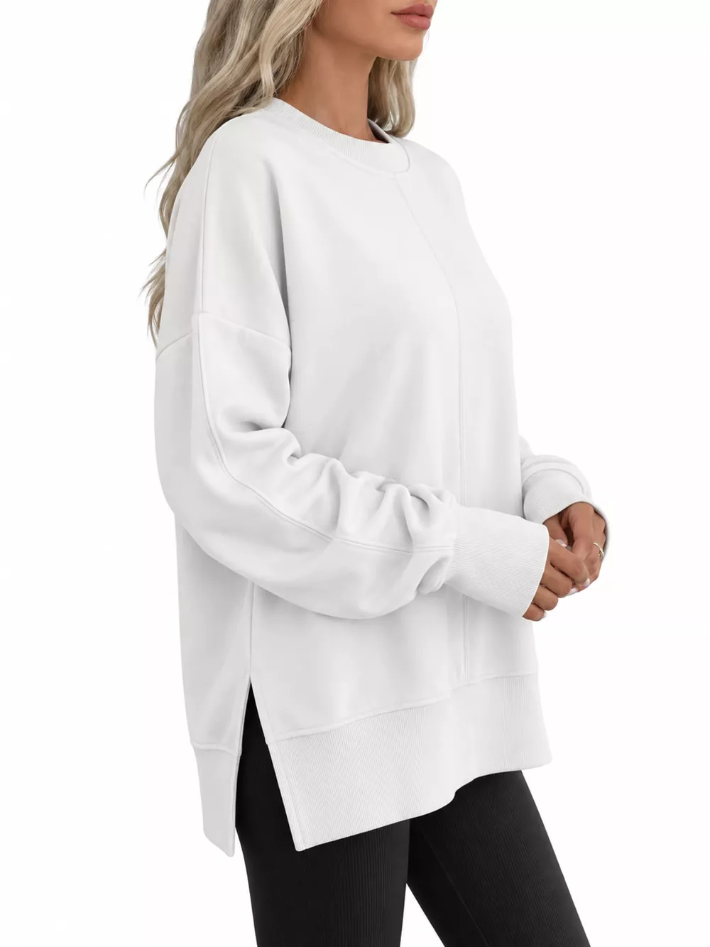 Oversized Crew Neck Sweatshirt with Side Slit, image 27