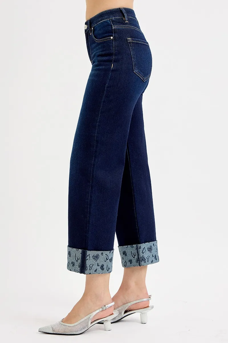 Full Size Mid Rise Fit Crop Wide With Printed Cuff Jeans Plus Size, image 5