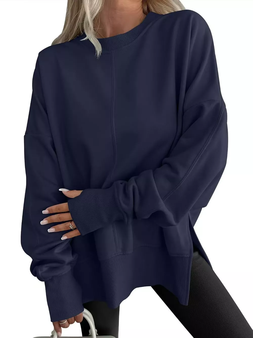 Oversized Crew Neck Sweatshirt with Side Slit, image 57