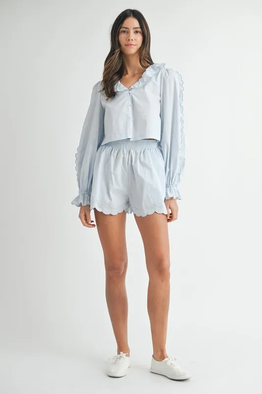Long Sleeve Scallop Blouse and Shorts Set, image 6