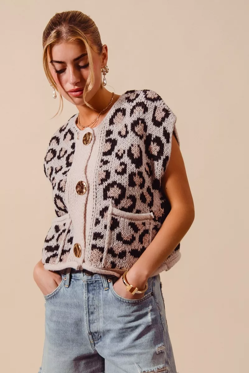 Big Metal Button Front Leopard Sweater Vest Top, image 8