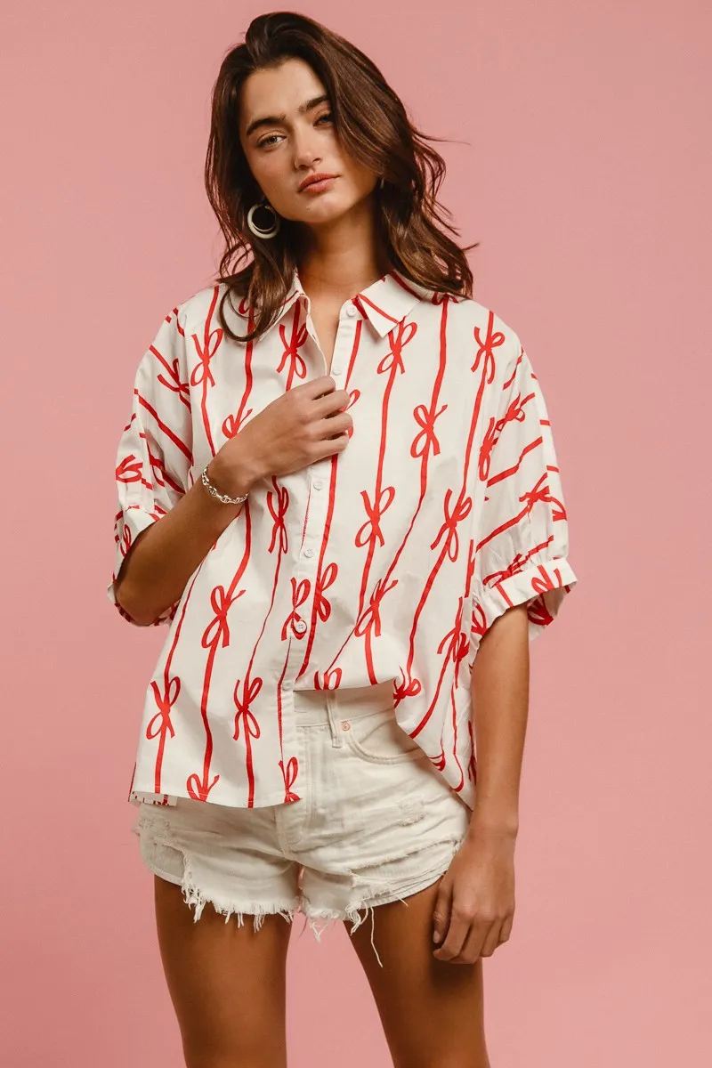 Bow Ribbon Woven Printed Button Down Shirt, image 8