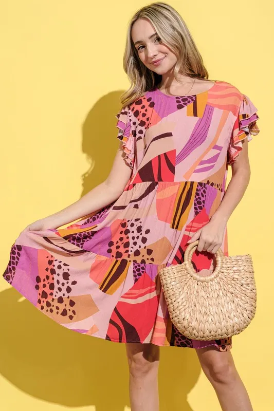 Printed Double Ruffles Sleeve Dress, image 4
