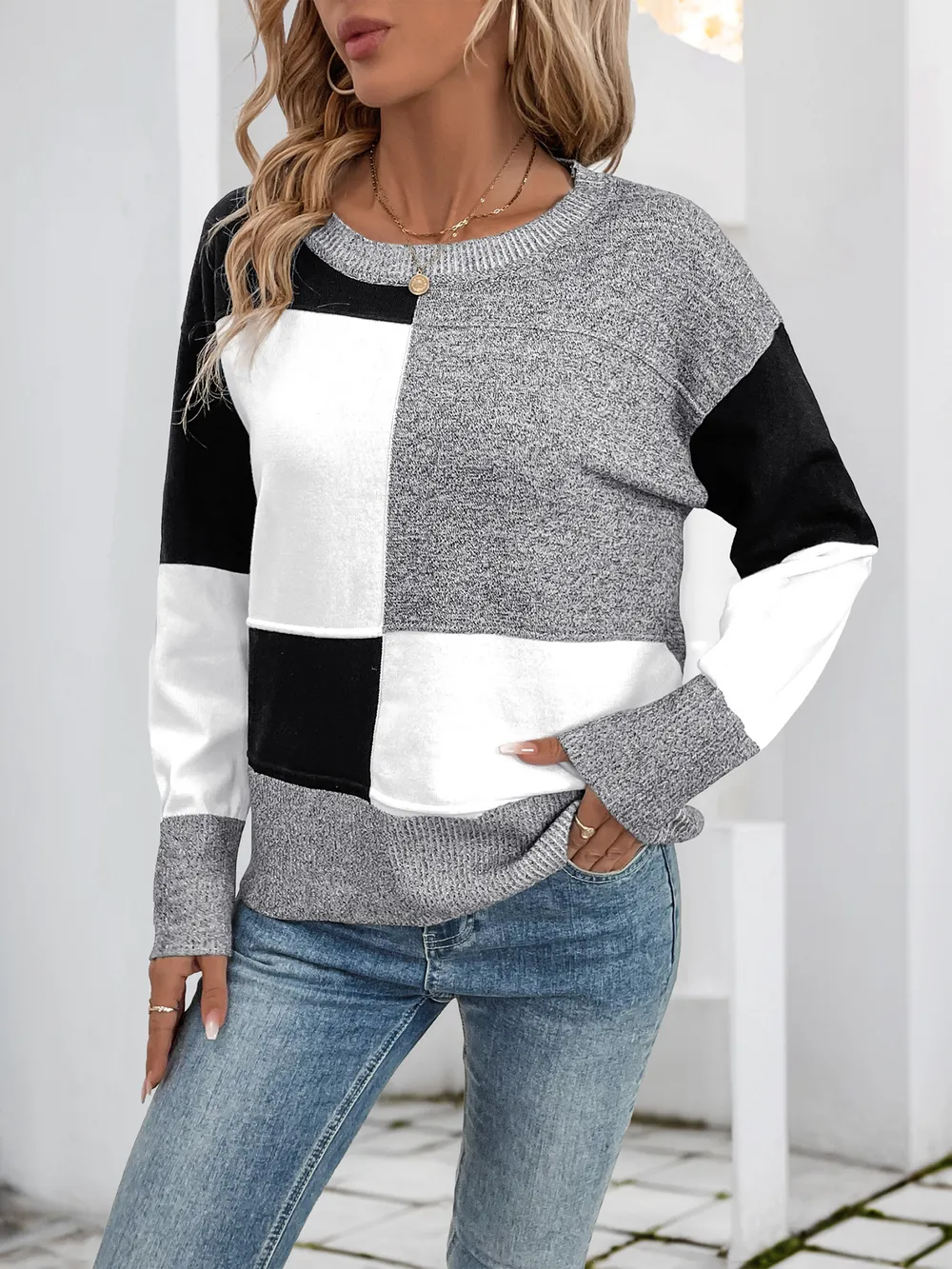 Color Block Knit Long Sleeve Sweater, image 2