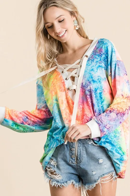 Tie Dye Deep V-neck Top With Lace Up Front, image 6