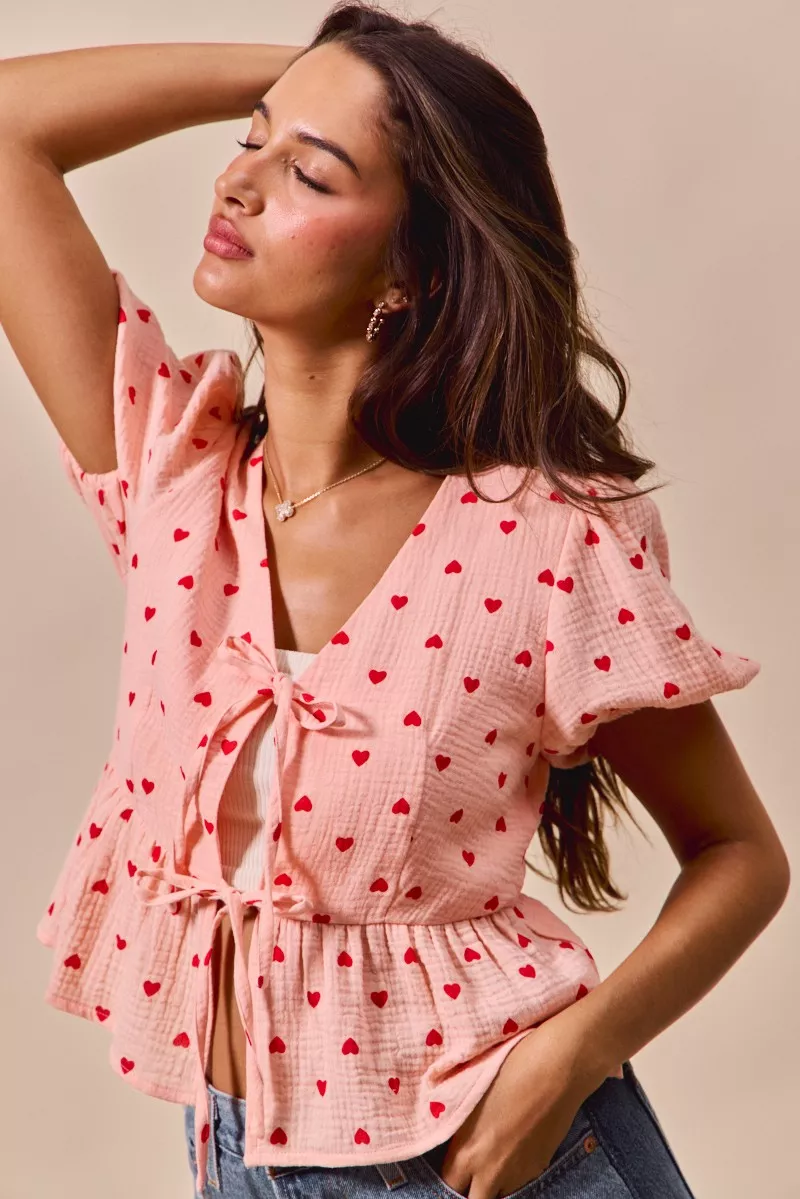 All Over Heart Ribbon Tie Baby Doll Valentine Blouse, image 6