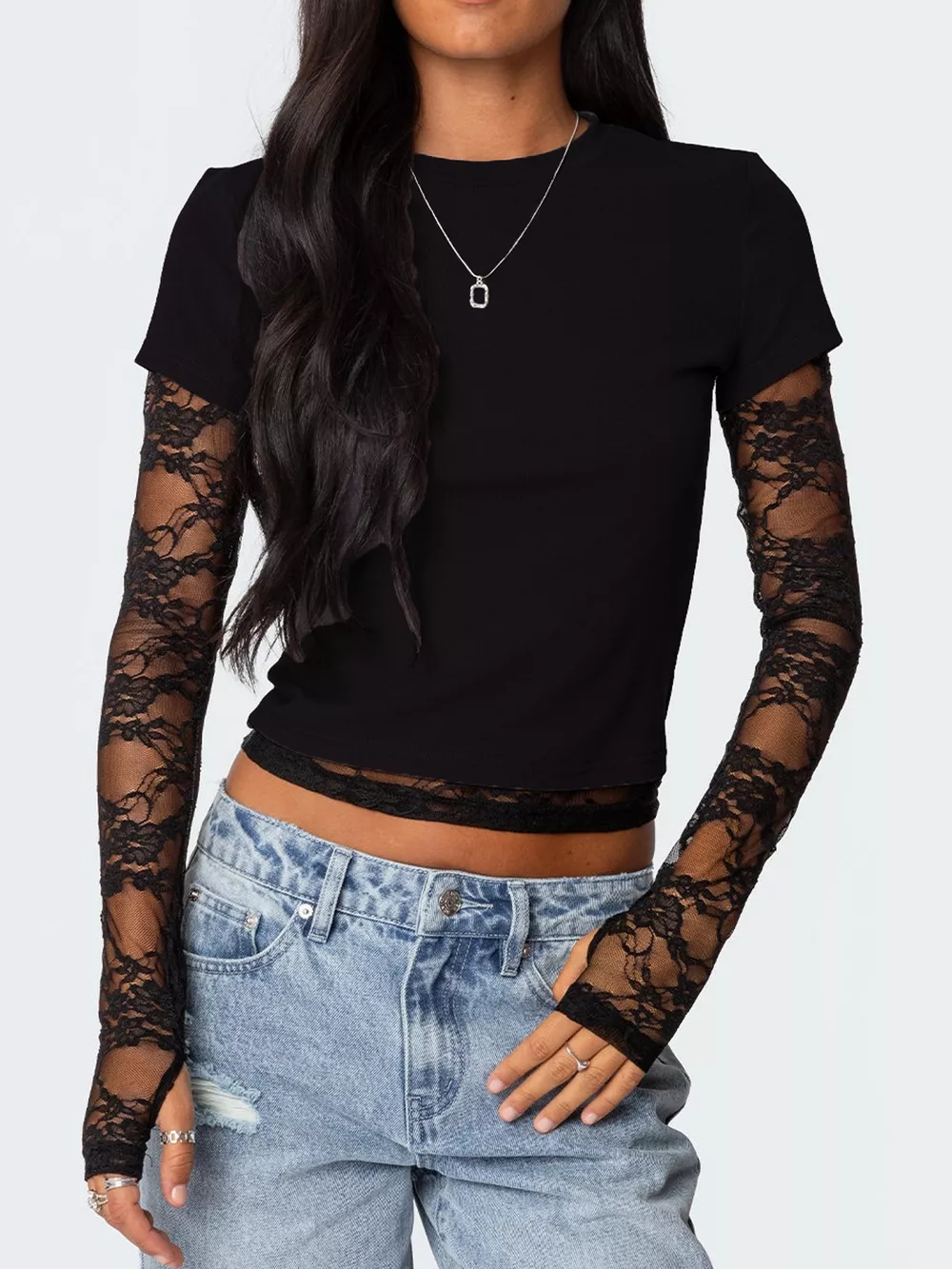 Lace Sleeve Fitted T-Shirt