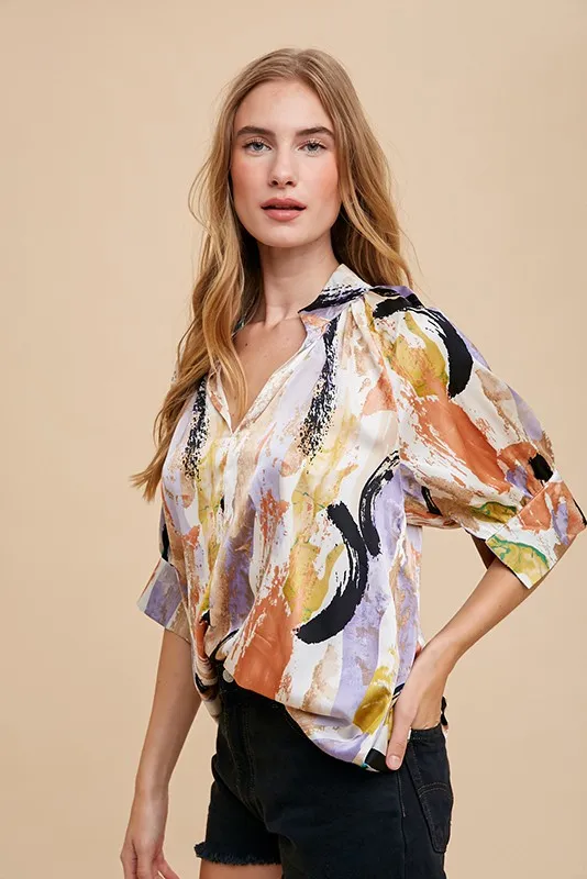 Multi Color Printed V-Neck Open Woven Blouse Top, image 5