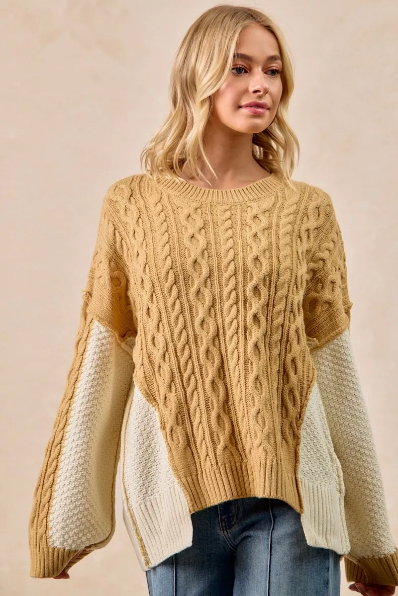 Cable Knit With Hacci Combo Sweater With Uneven Hem Detail, image 8