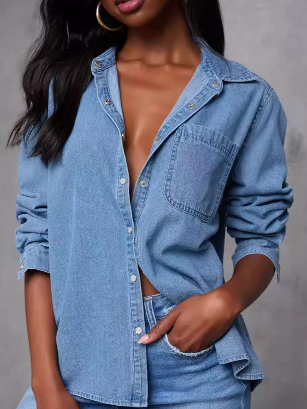 Snap Down Long Sleeve Denim Shirt, image 2