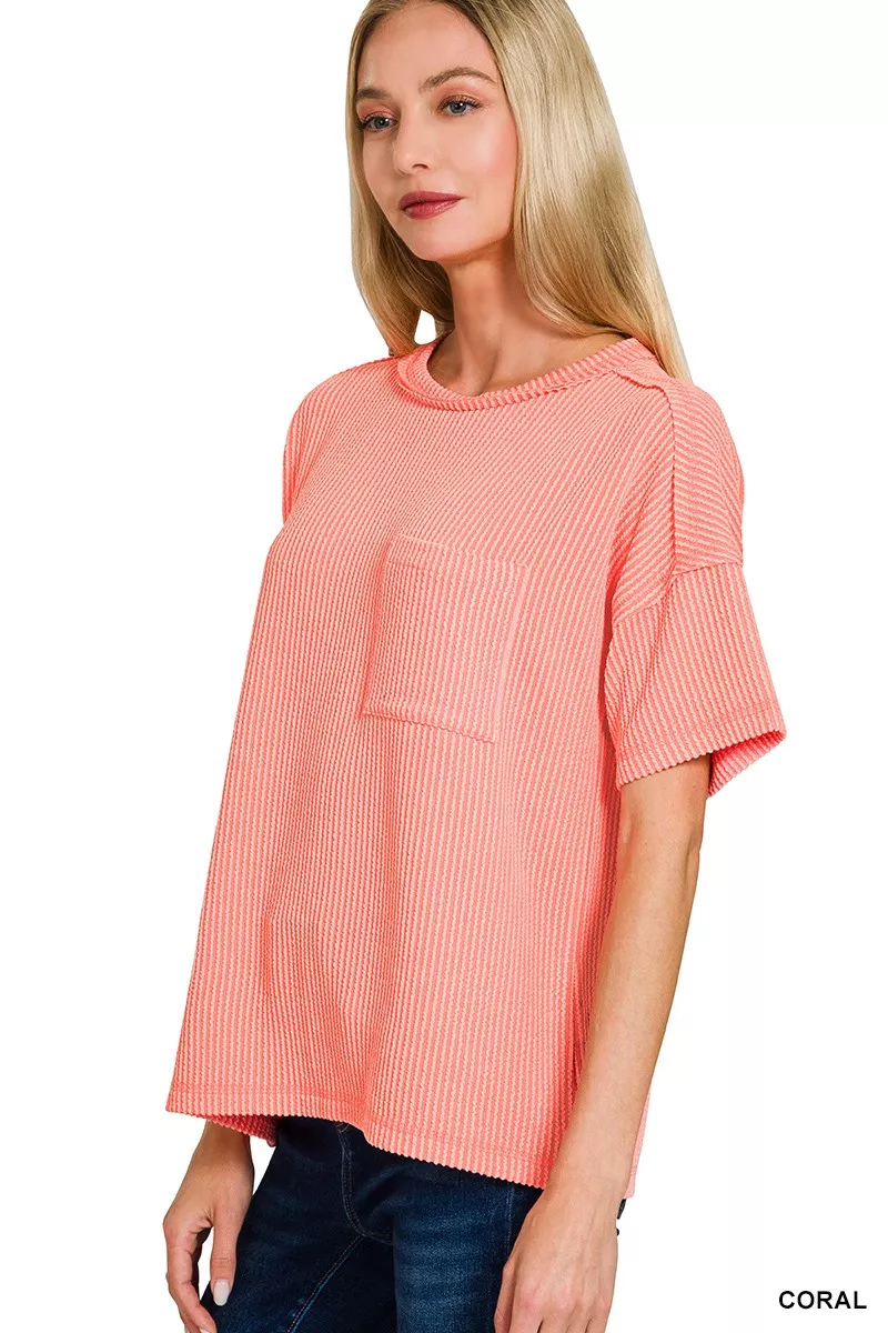 Raised Rib Exposed Seam Short Sleeve Top, image 3