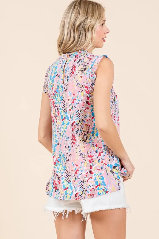 Full Size Graphic Print Ruffle Trim Mock Neck Sleeveless Top Plus Size, image 4