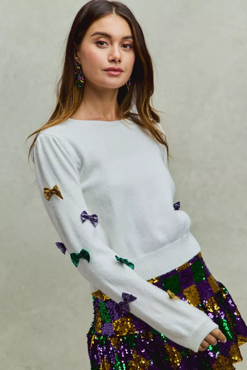Mardi Gras Glitter Bow Ribbon Sweater Knit Top, image 5