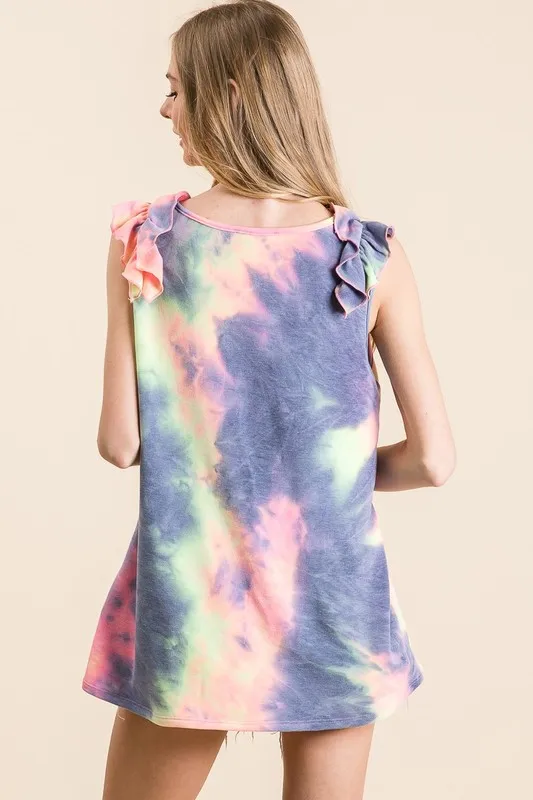 Tie Dye French Terry V Neck Top with Ruffle, image 9