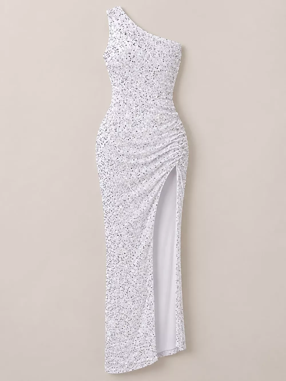 One-Shoulder Ruched Sequin High-Slit Evening Dress, image 37