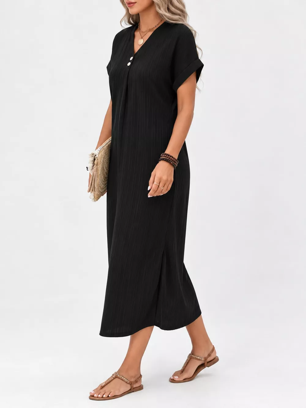Full Size V-Neck Short Sleeve Midi Dress Plus Size, image 7