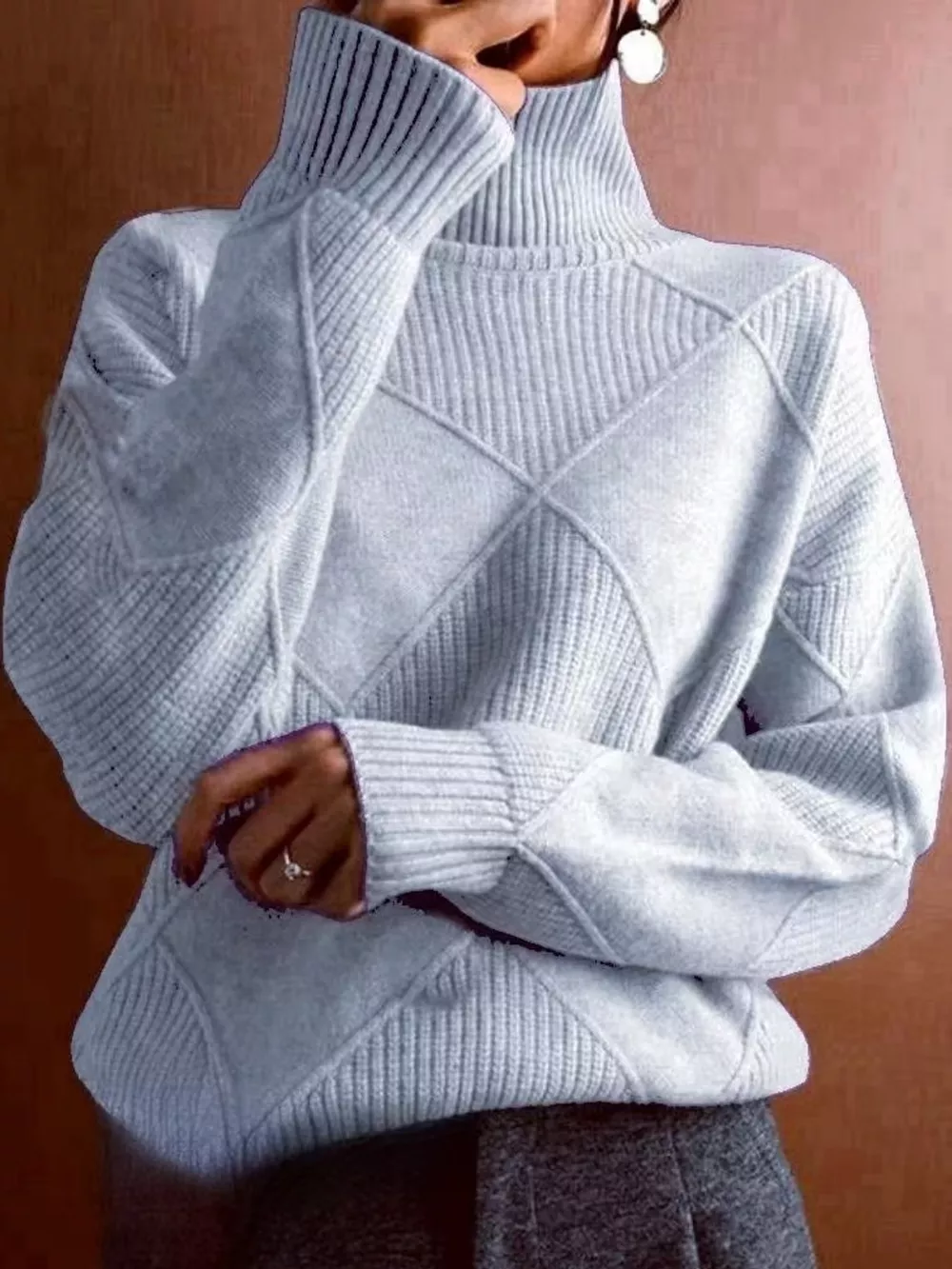 Full Size Diamond Pattern Turtleneck Sweater Plus Size, image 68