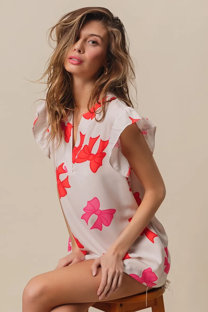 Bow Printed Woven Ruffled Sleeves V Neck Top, image 13