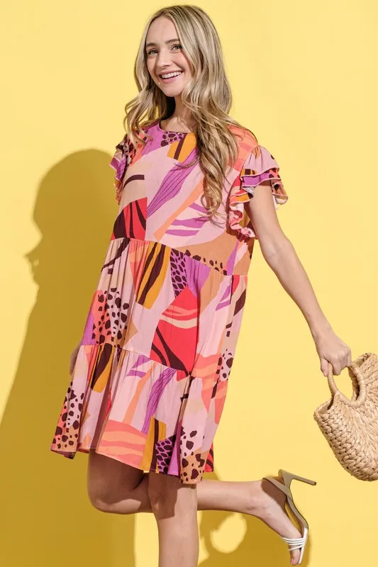 Printed Double Ruffles Sleeve Dress, image 5