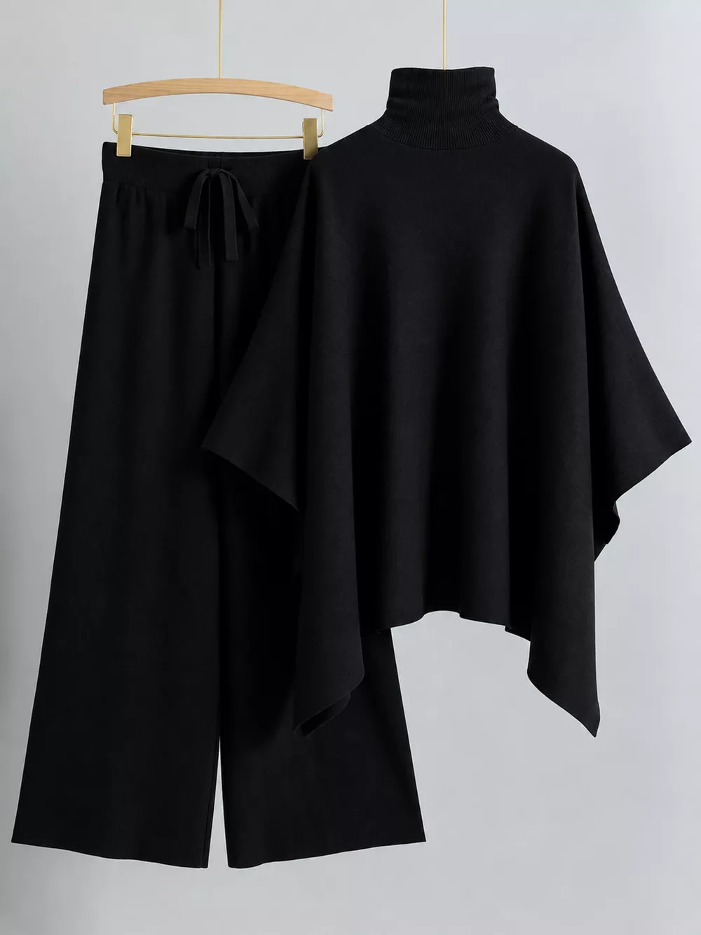Elegant Turtleneck Poncho Sweater and Wide-Leg Knit Pants Set, image 11