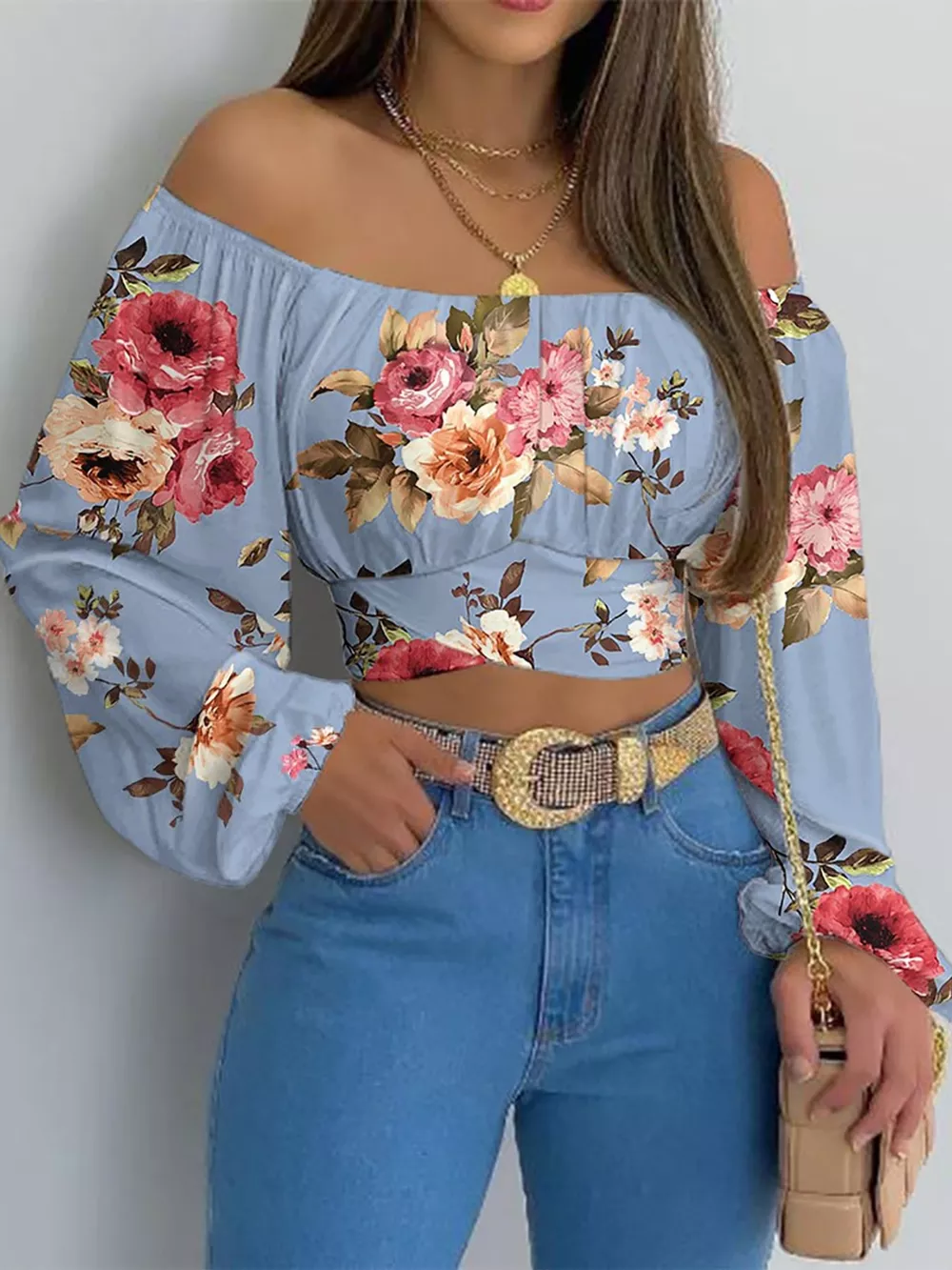 Off-Shoulder Long Sleeve Cropped Blouse, image 30